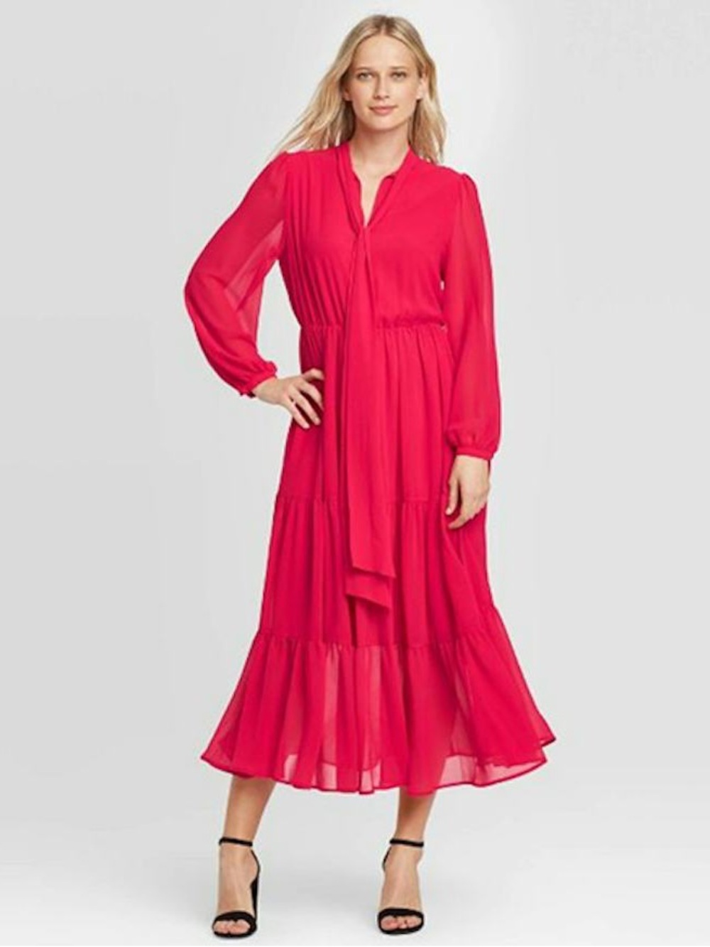 Who What Wear Target Pink Tie-Neck Long-Sleeve Midi Dress